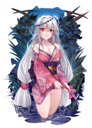 Rule 34 | 1girl, ahoge, arknights, bare shoulders, breasts, chinese commentary, collarbone, commentary request, cowboy shot, detached sleeves, hair between eyes, highres, hongbaise raw, japanese clothes, kimono, long hair, looking at viewer, low-tied long hair, medium breasts, obi, official alternate costume, pink kimono, red eyes, sash, silver hair, skadi (arknights), skadi the corrupting heart (arknights), sleeveless, sleeveless kimono, solo, spaghetti strap, squeezing, very long hair, wading, water, wet, wet clothes, white background