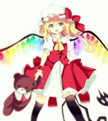 Rule 34 | 1girl, :d, alternate eye color, ascot, black thighhighs, blonde hair, blue eyes, blurry, blush, bow, crystal, depth of field, flandre scarlet, hat, hat bow, hat ribbon, jpeg artifacts, laevatein, looking at viewer, mob cap, open mouth, puffy short sleeves, puffy sleeves, ribbon, short hair, short sleeves, side ponytail, skirt, skirt set, smile, solo, stuffed animal, stuffed toy, te toga, teddy bear, thighhighs, touhou, vest, wings, zettai ryouiki