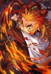 Rule 34 | 1boy, belt, black pants, black shirt, blonde hair, cape, cowboy shot, fire, forked eyebrows, holding, holding sword, holding weapon, hungry clicker, katana, kimetsu no yaiba, long hair, long sleeves, looking at viewer, male focus, pants, red pupils, rengoku kyoujurou, shirt, solo, sword, thick eyebrows, v-shaped eyebrows, weapon, white cape, yellow eyes