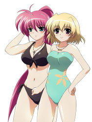 Rule 34 | 00s, 2girls, ahoge, aqua one-piece swimsuit, arm behind head, arm up, bare shoulders, between breasts, bikini, black bikini, blonde hair, blue eyes, blush, breasts, casual one-piece swimsuit, cleavage, clenched hand, cowboy shot, female focus, floral print, front-tie bikini top, front-tie top, frown, hair between eyes, hand on own hip, high ponytail, jewelry, large breasts, light smile, long hair, looking at viewer, lyrical nanoha, mahou shoujo lyrical nanoha, mahou shoujo lyrical nanoha a&#039;s, midriff, multiple girls, navel, necklace, one-piece swimsuit, pendant, pink hair, ponytail, print swimsuit, purple eyes, red eyes, shamal, short hair, side-tie bikini bottom, signum, simple background, smile, standing, strapless, strapless one-piece swimsuit, swimsuit, sword, very long hair, weapon, white background