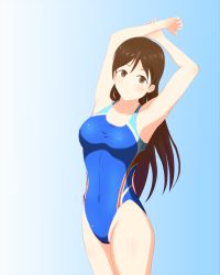 Rule 34 | 10s, 1girl, arms up, brown eyes, brown hair, competition swimsuit, highres, idolmaster, idolmaster cinderella girls, idolmaster cinderella girls starlight stage, long hair, nitta minami, one-piece swimsuit, solo, swimsuit, uenomi ayumu