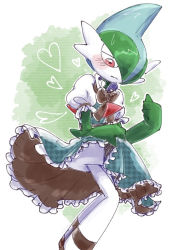 Rule 34 | 1boy, blue dress, blue hair, blush, bow, bowtie, brown bow, brown bowtie, closed mouth, clothed pokemon, colored skin, creatures (company), crossdressing, dress, embarrassed, frilled dress, frills, full body, gallade, game freak, gen 4 pokemon, green background, green hair, green skin, hair over one eye, half-closed eyes, hands up, heart, looking down, male focus, mohawk, multicolored hair, multicolored skin, nintendo, one eye covered, outline, penpi, pokemon, pokemon (creature), puffy short sleeves, puffy sleeves, raglan sleeves, red eyes, sash, short hair, short sleeves, sketch, solo, standing, sweat, two-sided dress, two-sided fabric, two-tone hair, two-tone skin, unmoving pattern, upskirt, white outline, white skin, white sleeves