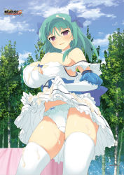 Rule 34 | 10s, 1girl, armpits, bare shoulders, bashou (senran kagura), blue bow, blush, bow, breasts, cleavage, clothes lift, cloud, copyright name, corset, cowboy shot, cream, day, dress, dress lift, elbow gloves, forest, gloves, green hair, hair bow, highres, large breasts, lifted by self, long hair, looking at viewer, nature, off-shoulder dress, off shoulder, official art, outdoors, panties, parted lips, purple eyes, senran kagura, senran kagura new wave, sideboob, sidelocks, smile, solo, suggestive fluid, thighhighs, torn clothes, torn dress, underwear, white dress, white gloves, white panties, white thighhighs, yaegashi nan