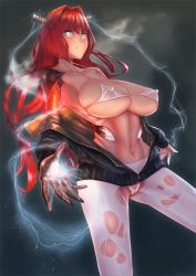 Rule 34 | 1girl, 4n., bikini, bikini top only, blue eyes, blush, breasts, covered erect nipples, electricity, female focus, glowing, glowing eyes, jacket, large breasts, long hair, looking at viewer, navel, open clothes, open jacket, original, pantyhose, red hair, skindentation, smile, solo, swimsuit, torn clothes, torn pantyhose
