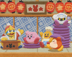 Rule 34 | apron, architecture, blue skin, book, cape, chef hat, chef kawasaki, closed eyes, coat, colored skin, east asian architecture, gloves, glowing, glowing eyes, hat, king dedede, kirby, kirby (series), lamp, looking at another, looking at viewer, mask, meta knight, miclot, nintendo, no humans, open mouth, pillow, shoulder pads, sign, sitting, sliding doors, star (symbol), tongue, waddle dee, wooden floor