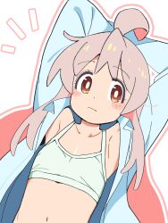 Rule 34 | 1girl, absurdres, ahoge, armpits, arms behind head, arms up, blue shirt, blush stickers, bra, brown eyes, collarbone, commentary, dot nose, dress shirt, expressionless, flat chest, genderswap, genderswap (mtf), highres, long hair, long sleeves, looking at viewer, navel, notice lines, noyama takenoko, onii-chan wa oshimai!, open clothes, open shirt, oyama mahiro, pink hair, shirt, simple background, solo, training bra, underwear, upper body, white background, white bra, wing collar