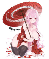 Rule 34 | 1girl, 2021, absurdres, alternate costume, bare shoulders, bed sheet, black thighhighs, blush, breasts, cherry blossoms, cleavage, fingernails, flower, hair flower, hair ornament, happy new year, highres, holding, holding umbrella, hololive, hololive english, kneeling, kogeneko, large breasts, long hair, looking at viewer, mori calliope, new year, off shoulder, oil-paper umbrella, open mouth, petals, pink hair, red eyes, sharp fingernails, simple background, solo, thighhighs, umbrella, virtual youtuber, white background, wide sleeves
