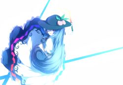 Rule 34 | 1girl, bad id, bad pixiv id, blue hair, dress, food, fruit, grin, hat, hat over one eye, hinanawi tenshi, jofree, long hair, peach, red eyes, smile, solo, sword of hisou, touhou, white background