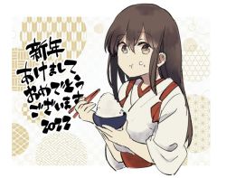 Rule 34 | 1girl, 2022, akagi (kancolle), bowl, brown eyes, brown hair, chopsticks, commentary request, eating, food, food on face, happy new year, holding, holding bowl, kantai collection, long hair, looking at viewer, muneate, new year, rice, solo, straight hair, takamachiya, tasuki, upper body, white background