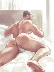 Rule 34 | 1boy, ass, ass focus, bara, beard, bulge, buzz cut, chest hair, curtains, facial hair, foot out of frame, from behind, fundoshi, golden kamuy, japanese clothes, long sideburns, lying, male focus, mature male, muscular, muscular male, nipples, nopinzo, on bed, on stomach, pectorals, short hair, sideburns, solo, tanigaki genjirou, thick thighs, thighs, topless male, very short hair, waking up