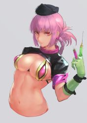 Rule 34 | 1girl, arm at side, bad id, bad twitter id, between fingers, bikini, bikini under clothes, black hat, blunt bangs, braid, breasts, cleavage, closed mouth, cropped torso, curvy, fate/grand order, fate (series), female focus, florence nightingale (fate), florence nightingale (trick or treatment) (fate), gloves, green bikini, green gloves, grey background, hand up, hat, highres, holding, holding syringe, large breasts, latex, latex gloves, long hair, looking at viewer, navel, nurse cap, official alternate costume, otsukemono, pink eyes, pink hair, purple bikini, purple ribbon, revealing clothes, ribbon, shiny skin, short sleeves, shrug (clothing), sidelocks, simple background, single braid, skirt, solo, standing, stomach, swimsuit, syringe