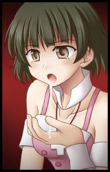Rule 34 | 00s, 1boy, akizuki ryo, bare shoulders, brown eyes, brown hair, cupping hand, idolmaster, idolmaster dearly stars, jewelry, male focus, necklace, open mouth, saliva, sexually suggestive, solo, tears, tongue, trap, utomo