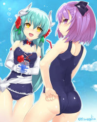 Rule 34 | 2girls, adjusting clothes, adjusting swimsuit, aqua hair, ass, blush, cup, drinking glass, drinking straw, elbow gloves, fate/grand order, fate (series), gloves, helena blavatsky (fate), horns, kiyohime (fate), kiyohime (fate/grand order), kiyohime (swimsuit lancer) (fate), kiyohime (swimsuit lancer) (second ascension) (fate), long hair, looking back, multiple girls, one-piece swimsuit, open mouth, purple eyes, purple hair, school swimsuit, short hair, swimsuit, torimaru, yellow eyes