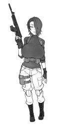 Rule 34 | 1girl, assault rifle, belt, belt pouch, boots, breasts, commentary, cross-laced footwear, english commentary, fingerless gloves, full body, gloves, gluteal fold, greyscale, gun, hair over one eye, highres, holding, holding gun, holding weapon, huge breasts, impossible clothes, impossible shirt, knee pads, looking at viewer, monochrome, original, parted lips, pocket, pouch, rifle, saya (twrlare), shirt, short hair, simple background, sleeves rolled up, smile, solo, standing, tactical clothes, thigh pouch, thigh strap, turtleneck, twrlare, weapon, white background