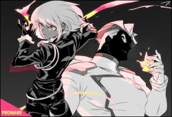 Rule 34 | 2boys, back, biker clothes, black gloves, black jacket, ascot, fire, frilled sleeves, frills, gloves, half gloves, jacket, kray foresight, lio fotia, looking back, matahei, monochrome, multiple boys, open mouth, promare, red eyes, shaded face, spoilers
