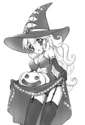 Rule 34 | 1girl, breasts, cleavage, clothes lift, commentary request, curly hair, dragon quest, dragon quest ii, dress, garter straps, greyscale, halloween, hat, kichijou agata, large breasts, long hair, looking at viewer, monochrome, open mouth, panties, princess, princess of moonbrook, pumpkin, skirt, skirt lift, solo, underwear