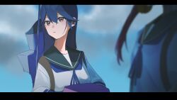 Rule 34 | 1girl, 2girls, absurdres, akebono (kancolle), bell, blue hair, blue neckerchief, blurry, blurry foreground, brown eyes, green sailor collar, hair bell, hair between eyes, hair ornament, hato kan, highres, kantai collection, letterboxed, long hair, multiple girls, neckerchief, outdoors, parted lips, rigging, sailor collar, school uniform, sky, solo, solo focus, upper body, ushio (kancolle)