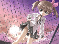 Rule 34 | 1girl, backlighting, blush, brown hair, clothes lift, commentary, dutch angle, hair ribbon, mouth hold, original, panties, pink ribbon, ribbon, skirt, skirt lift, sleeves past wrists, solo, twintails, underwear, yugi (magical-dreamer)