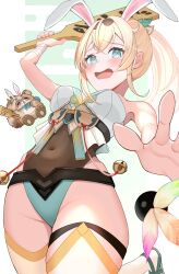Rule 34 | 1girl, absurdres, animal ears, aqua eyes, bandaged arm, bandages, bell, blonde hair, blush, breasts, covered navel, cowboy shot, fake animal ears, foot out of frame, from below, green background, hair ornament, highleg, highleg leotard, highres, holding, holding sign, hololive, kazama iroha, leaf hair ornament, leotard, long hair, looking at viewer, medium breasts, open mouth, playboy bunny, pokobee, ponytail, rabbit ears, sable mint, shuttlecock, sign, strapless, strapless leotard, thighhighs, thighs, two-tone background, virtual youtuber, white background