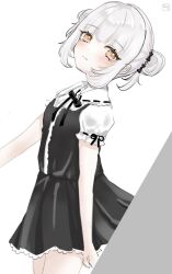 Rule 34 | 1girl, black dress, blush, brown eyes, closed mouth, d4dj, double bun, dress, elsie (d4dj), grey background, hair bun, highres, looking at viewer, minimi p, multicolored background, short sleeves, smile, solo, white background, white hair