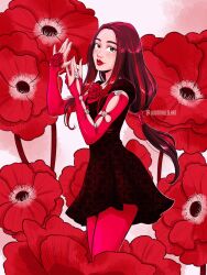 Rule 34 | 1girl, black dress, blackpink, commentary, dress, english commentary, flower, highres, jisoo (blackpink), judit mallol, looking at viewer, low ponytail, pantyhose, red flower, red lips, red pantyhose, red rose, red streaks, red theme, rose, smile, solo, twitter username