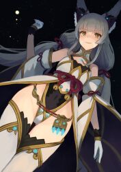 Rule 34 | 1girl, animal ears, bare shoulders, black background, breasts, cat ears, chest jewel, core crystal (xenoblade), detached sleeves, dutch angle, facial mark, gloves, grey hair, groin, hand up, highleg, highleg leotard, highres, labebebe lee, leotard, light smile, long hair, looking at viewer, nia (blade) (xenoblade), nia (xenoblade), red rope, rope, shimenawa, small breasts, solo, thighhighs, twintails, very long hair, white gloves, white sleeves, white thighhighs, xenoblade chronicles (series), xenoblade chronicles 2, yellow eyes