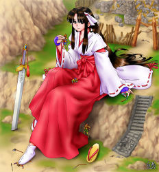 Rule 34 | armor, axe, eichikei (hakuto), giant, giantess, japanese clothes, miko, ruins, sandals, shoes, single shoe, solo, sword, weapon