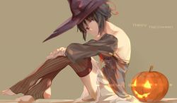 Rule 34 | 10s, 1girl, alternate costume, backless outfit, bad id, bad pixiv id, bare shoulders, black hair, brown eyes, brown hair, brown thighhighs, corset, detached sleeves, feet, from side, full body, halloween, halloween costume, hana mori, hand on leg, hand on own arm, happy halloween, hat, highres, jack-o&#039;-lantern, kimi no na wa., looking at viewer, miyamizu mitsuha, no shoes, pumpkin, simple background, skirt, smile, solo, striped clothes, striped thighhighs, thighhighs, toeless legwear, toes, vertical-striped clothes, vertical-striped thighhighs, white skirt, witch hat