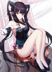 Rule 34 | 1girl, bare shoulders, black dress, blue eyes, blush, breasts, china dress, chinese clothes, cleavage, detached sleeves, dress, fate/grand order, fate (series), hair ornament, high heels, highres, knees up, large breasts, leaf hair ornament, long hair, looking at viewer, purple hair, ririko (zhuoyandesailaer), side slit, sidelocks, sitting, smile, solo, twintails, very long hair, yang guifei (fate), yang guifei (second ascension) (fate)