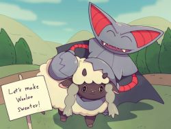 Rule 34 | ^ ^, animal focus, artist name, black eyes, blue sky, boke-chan, closed eyes, closed mouth, cloud, colored sclera, creatures (company), day, english text, engrish text, closed eyes, fangs, game freak, gen 4 pokemon, gen 8 pokemon, gliscor, grass, hand on another&#039;s head, happy, horizontal pupils, nintendo, no humans, open mouth, outdoors, path, peril, pokemon, pokemon (creature), ranguage, road, sharp teeth, sheep, sign, signature, sky, smile, standing, teeth, tree, twitter username, wooloo, yellow sclera