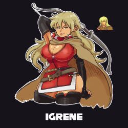 Rule 34 | 1girl, andy-roo78, black background, blonde hair, bow, breasts, cleavage, dark skin, english text, fire emblem, fire emblem: the binding blade, highres, igrene (fire emblem), large breasts, long hair, looking at viewer, mature female, mole, nintendo, pixel art, solo, tagme, thick thighs, thighs, wide hips, yellow eyes