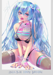Rule 34 | 1girl, bikini, blue eyes, blue hair, boots, bow, breasts, dated, hair bow, halter shirt, halterneck, happy birthday, hatsune miku, highres, long hair, looking at viewer, medium breasts, nail polish, navel, s0ul20, see-through, see-through gloves, see-through shirt, signature, sitting, skindentation, solo, swimsuit, thighhighs, tongue, tongue out, twintails, very long hair, vocaloid, wariza