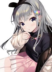 Rule 34 | 1girl, black shirt, blue eyes, blush, bow hairband, earrings, hair ornament, hairband, hand on own chin, highres, hisakawa hayate, idolmaster, idolmaster cinderella girls, jacket, jewelry, kanda done, long hair, long sleeves, looking at viewer, necklace, parted lips, pink skirt, pleated skirt, shirt, silver hair, sitting, skirt, solo, thighhighs, white background, white jacket, white thighhighs, zettai ryouiki