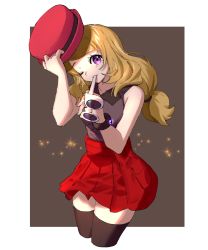 Rule 34 | 1girl, ankea (a-ramo-do), bare shoulders, black shirt, black thighhighs, blonde hair, border, brown background, closed mouth, collarbone, creatures (company), cropped legs, female focus, game freak, hair tie, hands up, hat, highres, holding, long hair, looking at viewer, mouth hold, nintendo, one eye closed, pleated skirt, pokemon, pokemon xy, purple eyes, red hat, red skirt, serena (pokemon), shirt, simple background, skirt, sleeveless, sleeveless shirt, solo, sparkle, standing, sunglasses, thighhighs, white-framed eyewear, white border, wink, zettai ryouiki