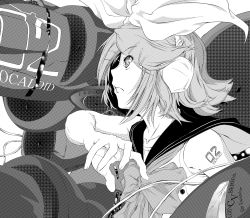Rule 34 | 1girl, arm tattoo, asunogear, bare arms, bare shoulders, bow, cable, greyscale, hair bow, hair ornament, hairclip, headphones, headset, highres, kagamine rin, kagamine rin (vocaloid4), looking away, looking up, monochrome, musical note, profile, sailor collar, short hair, solo, speaker, tattoo, v4x, vocaloid, wire