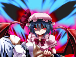 Rule 34 | 2girls, aura, bat wings, blood, blood from mouth, blouse, blue hair, bow, breasts, brooch, crying, female focus, hand grab, hat, hat ribbon, holding hands, izayoi sakuya, jewelry, lilish, looking at viewer, medium breasts, multicolored background, multiple girls, puffy sleeves, red eyes, remilia scarlet, ribbon, shirt, short sleeves, silver hair, slit pupils, streaming tears, tears, touhou, vest, wings