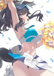 Rule 34 | 1girl, animal ears, arm up, armpits, bare shoulders, black hair, black panties, blue archive, blue eyes, blush, breasts, cheerleader, confetti, crop top, dog ears, dog girl, dog tail, goggles, goggles on head, halo, hibiki (blue archive), hibiki (cheer squad) (blue archive), highres, holding, holding pom poms, long hair, looking at viewer, medium breasts, midriff, millennium cheerleader outfit (blue archive), miniskirt, navel, official alternate costume, open mouth, panties, pantyshot, pom pom (cheerleading), pom poms, simple background, skirt, sleeveless, solo, tail, thighs, underwear, white background, yellow halo, yoshida pino