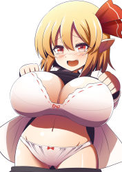 Rule 34 | 1girl, alternate breast size, blonde hair, breasts, fang, fangs, gero zoukin, gluteal fold, hair ribbon, highres, lingerie, oppai loli, pointy ears, red eyes, red ribbon, ribbon, rumia, short hair, touhou, underwear