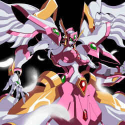 Rule 34 | absurdres, angelg, black background, breasts, closed mouth, falling feathers, feathers, fingernails, green eyes, helmet, highres, kds (0049), large breasts, mecha focus, nipples, no humans, outstretched arms, sharp fingernails, super robot wars, super robot wars og the inspector, super robot wars original generation, super robot wars original generation 2, white feathers, winged helmet, wings