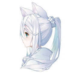 Rule 34 | 1girl, animal ear fluff, animal ears, cat ears, commentary request, flower, from side, green eyes, hair between eyes, hair flower, hair ornament, high ponytail, highres, japanese clothes, kimono, long hair, looking away, original, ponytail, profile, silver hair, simple background, solo, tokuno yuika, upper body, white background, white flower, white kimono