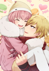 Rule 34 | 1boy, 1girl, :d, ando ruruka, arms around neck, beanie, blonde hair, blush, bow, candy, candy wrapper, carrying, closed eyes, commentary request, couple, danganronpa (series), danganronpa 3 (anime), fur-trimmed jacket, fur trim, hat, heart, hetero, highres, hug, izayoi sounosuke, jacket, long sleeves, looking at another, nico (nico alice), open mouth, pantyhose, parfait, pink bow, pink hair, pink jacket, princess carry, red jacket, short hair, skirt, smile, teeth, upper teeth only, white pantyhose, wrapped candy