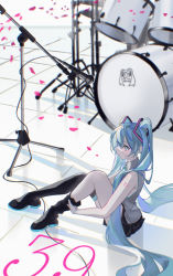 Rule 34 | 1girl, 39, absurdres, armpit crease, backlighting, bare arms, black skirt, black thighhighs, blue eyes, blue hair, blue nails, blue necktie, blurry, blurry background, cable, character print, checkered floor, chromatic aberration, closed mouth, clothes pull, collared shirt, drum, drum set, eyelashes, fingernails, flat chest, from above, grey shirt, hair between eyes, hatsune miku, highres, instrument, kajo (ctpg2528), long hair, looking at viewer, looking back, looking up, microphone, microphone cord, microphone stand, nail polish, necktie, number tattoo, on floor, pale skin, petals, removing legwear, serious, shadow, shirt, shoulder tattoo, sitting, skindentation, skirt, sleeveless, sleeveless shirt, solo, tareme, tattoo, thighhighs, thighs, twintails, vanishing point, very long hair, vocaloid, wide shot