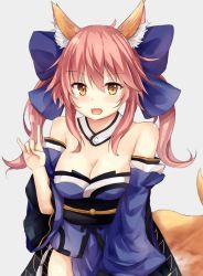 Rule 34 | 10s, 1girl, :d, animal ears, bare shoulders, blue bow, blush, bow, breasts, cleavage, detached sleeves, eyebrows, fate/extra, fate (series), fox ears, fox shadow puppet, fox tail, grey background, hair bow, long hair, looking at viewer, medium breasts, open mouth, pink hair, sangatsu saki, simple background, smile, solo, tail, tamamo (fate), tamamo no mae (fate/extra), twintails, v, yellow eyes