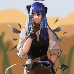 Rule 34 | 1girl, arknights, belt, black gloves, black vest, blue eyes, blue hair, blue sky, brown belt, commentary request, day, fingerless gloves, gloves, grey pants, halo, hand on own chin, highres, horns, long hair, looking at viewer, mostima (arknights), outdoors, pants, shirt, sky, smile, solo, upper body, very long hair, vest, white shirt, yuec202108