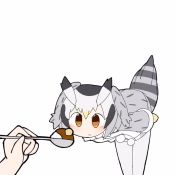 Rule 34 | 1girl, afterimage, animated, bird tail, blonde hair, coat, curry, curry rice, drooling, food, fur collar, gloves, grey hair, hair between eyes, holding, holding spoon, hungry, kemono friends, leaning forward, long sleeves, looking at object, looping animation, motion blur, motion lines, mouth drool, multicolored hair, northern white-faced owl (kemono friends), orange eyes, pantyhose, parted lips, rice, simple background, solo focus, spoon, standing, tail, taro (tontaro), video, white background, white hair
