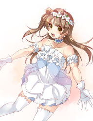 Rule 34 | 10s, 1girl, ajishio, bare shoulders, blush, brown eyes, brown hair, dress, flower, gloves, hair flower, hair ornament, long hair, love live!, love live! school idol project, minami kotori, open mouth, outstretched arms, side ponytail, smile, solo, spread arms, wreath, yume no tobira