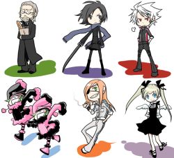 Rule 34 | 3boys, 4girls, arms behind back, arms up, badou nails, bag, baguette, beard, belt, black dress, black eyes, black hair, blonde hair, blue eyes, blue scarf, bread, breath, chibi, cigarette, coat, costume, dogs: bullets &amp; carnage, dress, everyone, eyepatch, facial hair, food, full body, fur trim, fuyumine naoto, glasses, green eyes, green hair, grey hair, grin, groceries, grocery bag, haine rammsteiner, hands in pockets, holding, holding sword, holding weapon, long hair, long sleeves, looking at viewer, luki, mihai, mihai mihaeroff, multiple boys, multiple girls, nill, noki, nrht, old, old man, orange hair, pantyhose, pom pom (clothes), red eyes, scarf, shopping bag, simple background, sleeves past wrists, smile, smoke, standing, sword, teeth, very long hair, weapon, white background