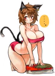 Rule 34 | 1girl, aged up, all fours, alternate breast size, animal ears, arched back, barefoot, bikini, blush, breasts, brown hair, cat ears, cat girl, cat tail, chen, earrings, female focus, full body, jewelry, large breasts, multiple tails, red bikini, red eyes, sachito, short hair, simple background, solo, swimsuit, tail, touhou