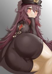 Rule 34 | 1girl, absurdres, ass, ass focus, black shorts, blush, brown hair, cameltoe, chinese clothes, cleft of venus, coattails, come hither, from behind, genshin impact, hat, highres, hu tao (genshin impact), long hair, looking at viewer, looking down, naughty face, rebelium, red eyes, shiny clothes, shiny skin, short shorts, shorts, sitting, smile, solo, tongue, tongue out, twintails, very long hair, yokozuwari