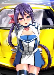 Rule 34 | 1girl, absurdres, akebono (kancolle), bell, black thighhighs, car, cowboy shot, dress, flower, gloves, hair bell, hair flower, hair ornament, highres, jacket, jingle bell, kantai collection, long hair, looking at viewer, motor vehicle, on vehicle, purple eyes, purple hair, race queen, short dress, side ponytail, solo, strapless, strapless dress, thighhighs, vehicle request, very long hair, white gloves, white jacket, yellow quokka